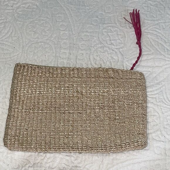Jack Rogers Woven Clutch Pouch Tan Pink Red‎ V Initial - Picture 2 of 8